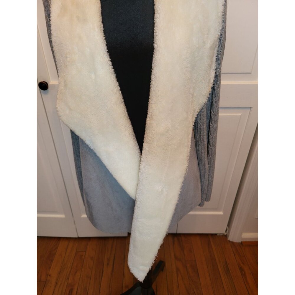 Gray Faux Suede/Faux Fur Cable Knit Ribbed Open Cardigan 16P Winter Ski Lodge - Picture 6 of 9